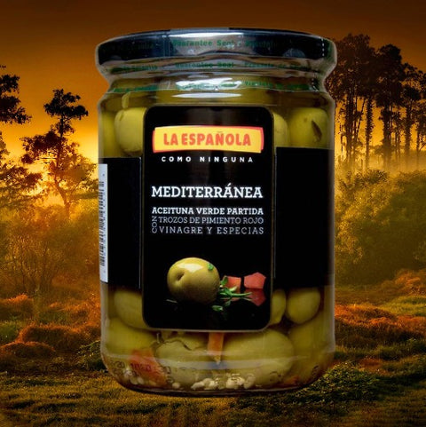 La Española Spanish Split et les olives vertes saisonnières Mediterranea 347 ml
